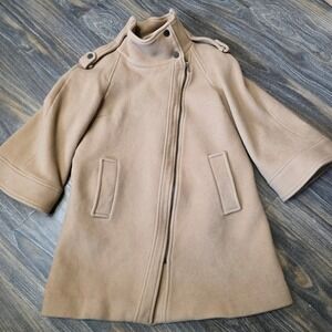 Zara Woman Camel Wool Blend Asymmetrical Zip Funnel Neck Moto Coat Tan XS